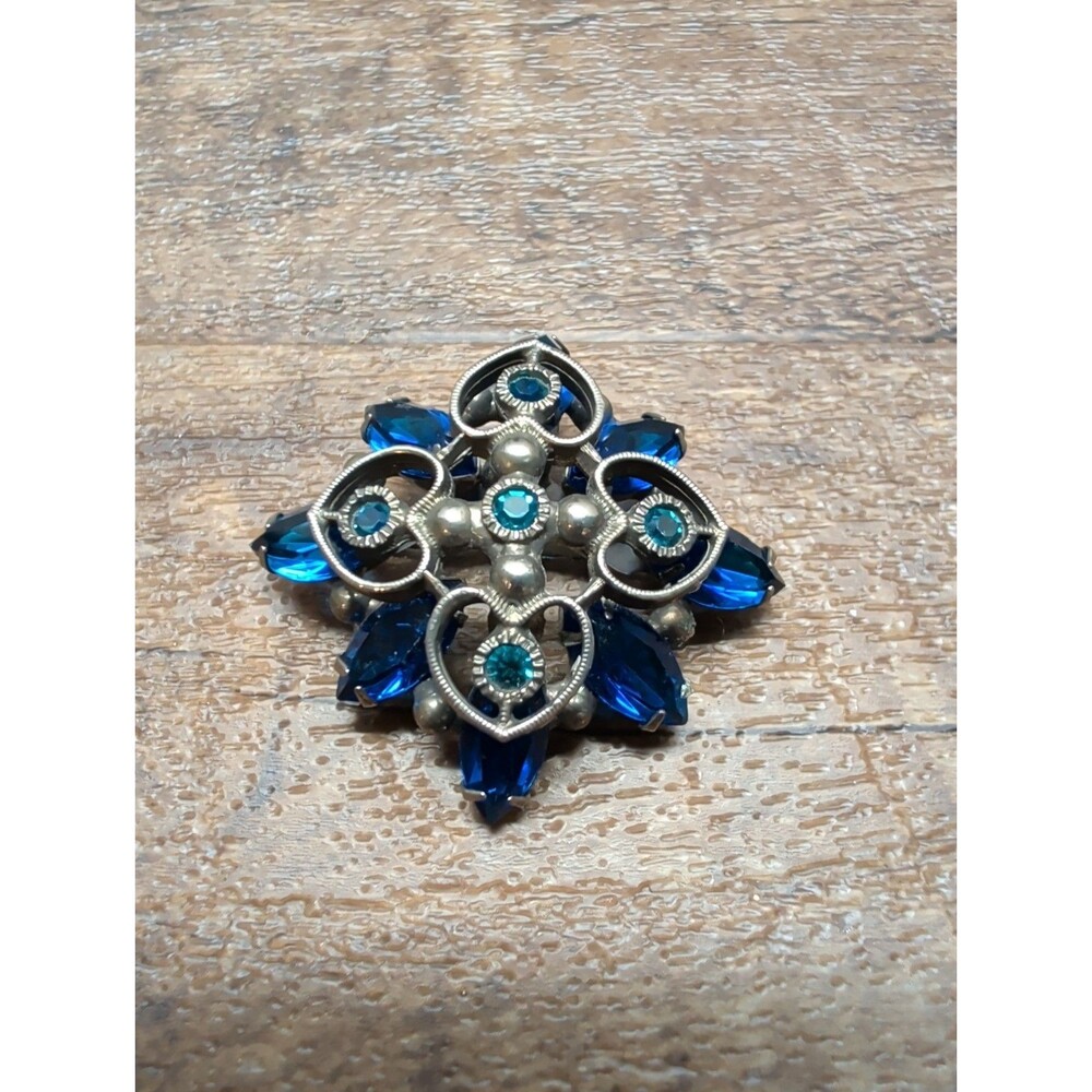 Vintage Estate Brooch With Blue Rhinestones And Hearts